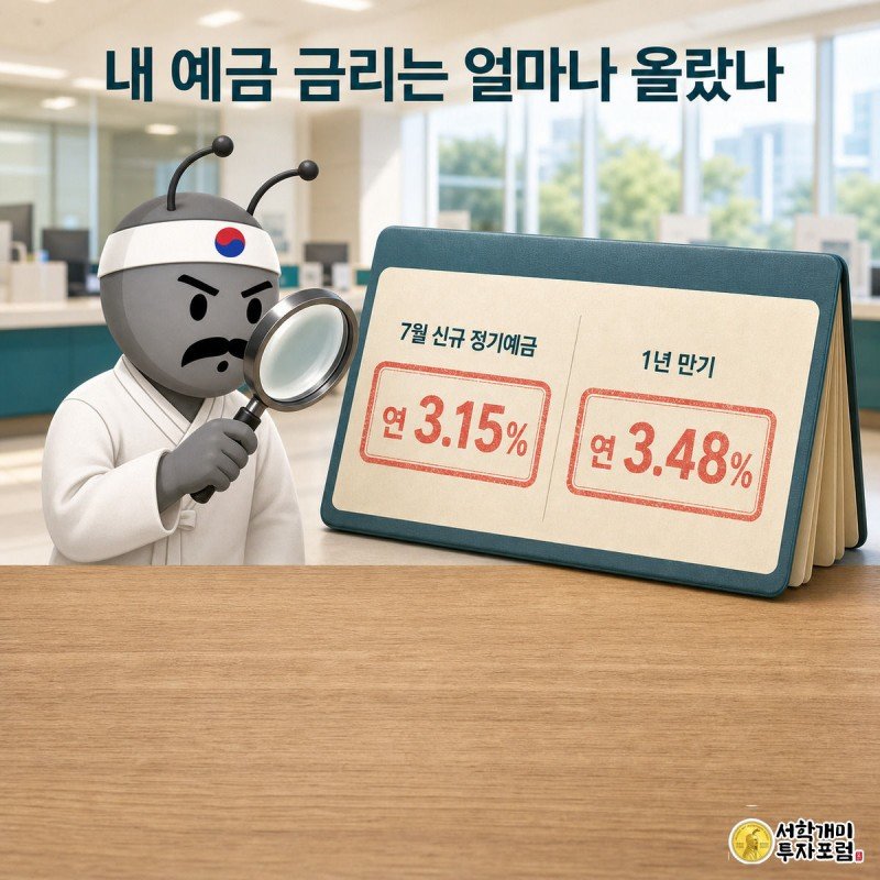 개미가 돋보기로 통장에 찍힌 3.15%, 3.48% 금리 도장을 확인하는 클로즈업 장면