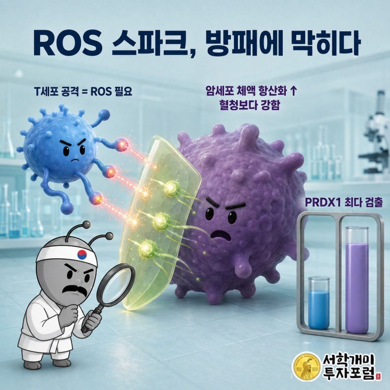 T세포가 뿜은 ROS 스파크가 암세포의 황록색 항산화 방패막에 흡수되는 과정을 부자개미가 돋보기로 관찰하는 삽화
