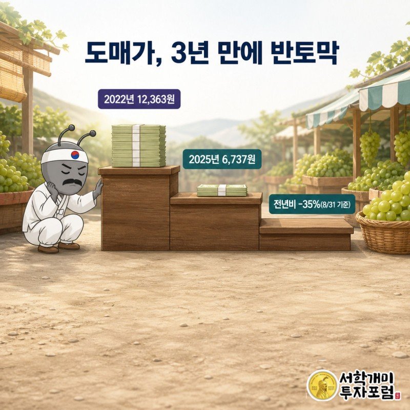 계단식으로 낮아지는 3년치 샤인머스캣 도매가 가격표와 지폐 다발, 45.3% 하락 흐름을 보여주는 장면