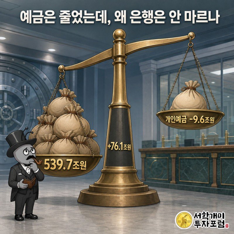 저울에서 대기업 도매자금 자루가 개인 예금 자루보다 무겁게 기우는 것을 걱정스레 보는 개미