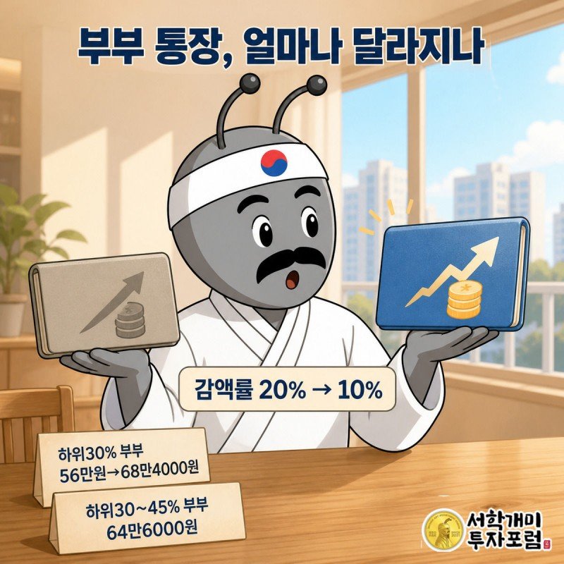 서민개미가 양손에 통장을 들고 감액률 완화 전후 68만4000원과 56만원을 비교하는 이미지