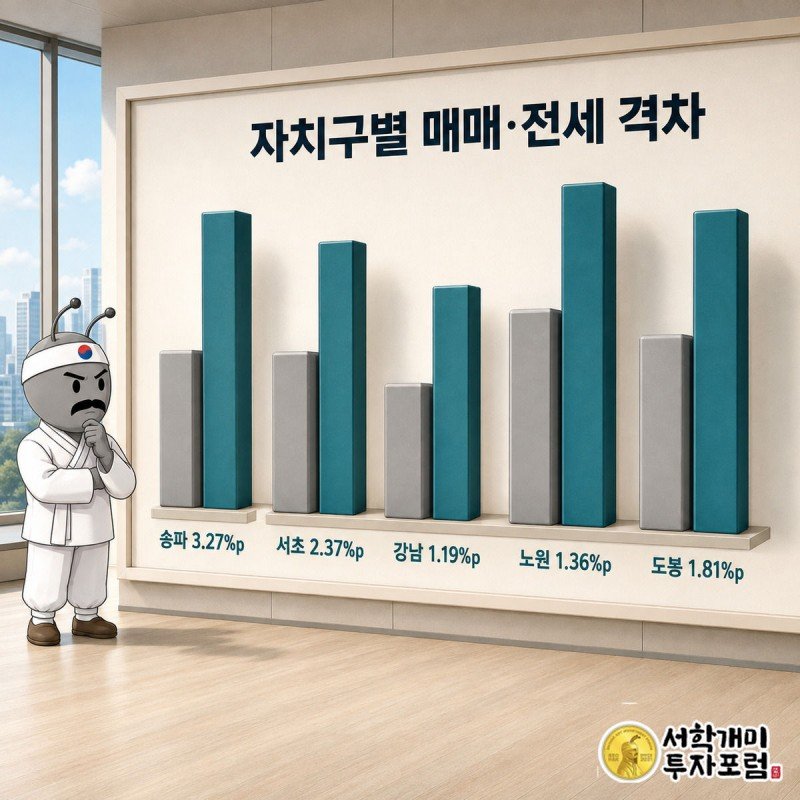송파·서초·강남·노원·도봉 다섯 자치구의 매매·전세 막대와 격차 숫자를 비교하는 서민개미