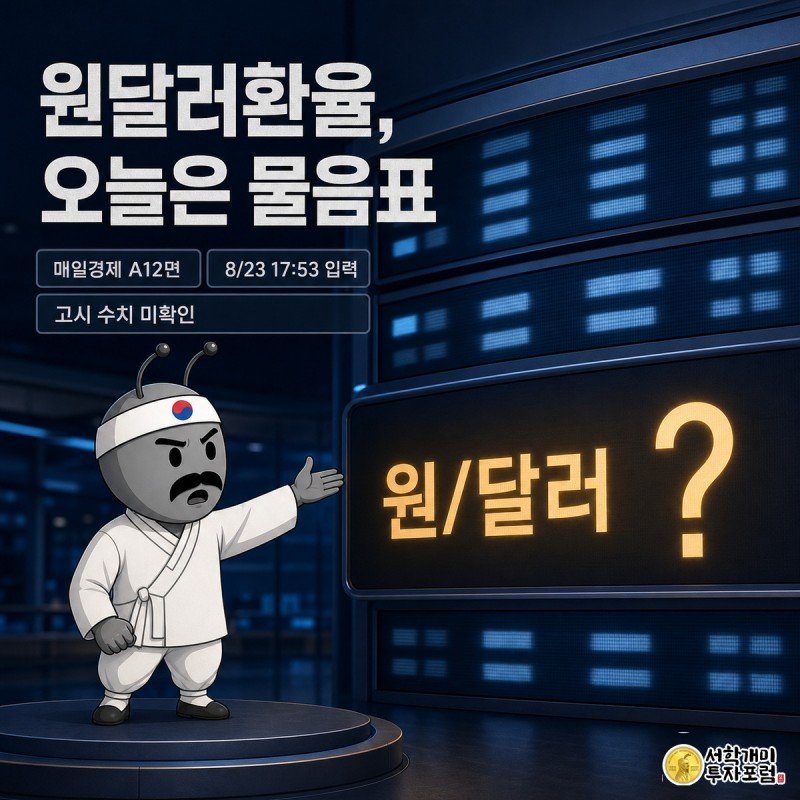 은행 환율 전광판에서 원/달러 행만 꺼진 채 물음표가 떠 있고 개미가 당혹스러운 표정으로 그 칸을 가리키는 모습