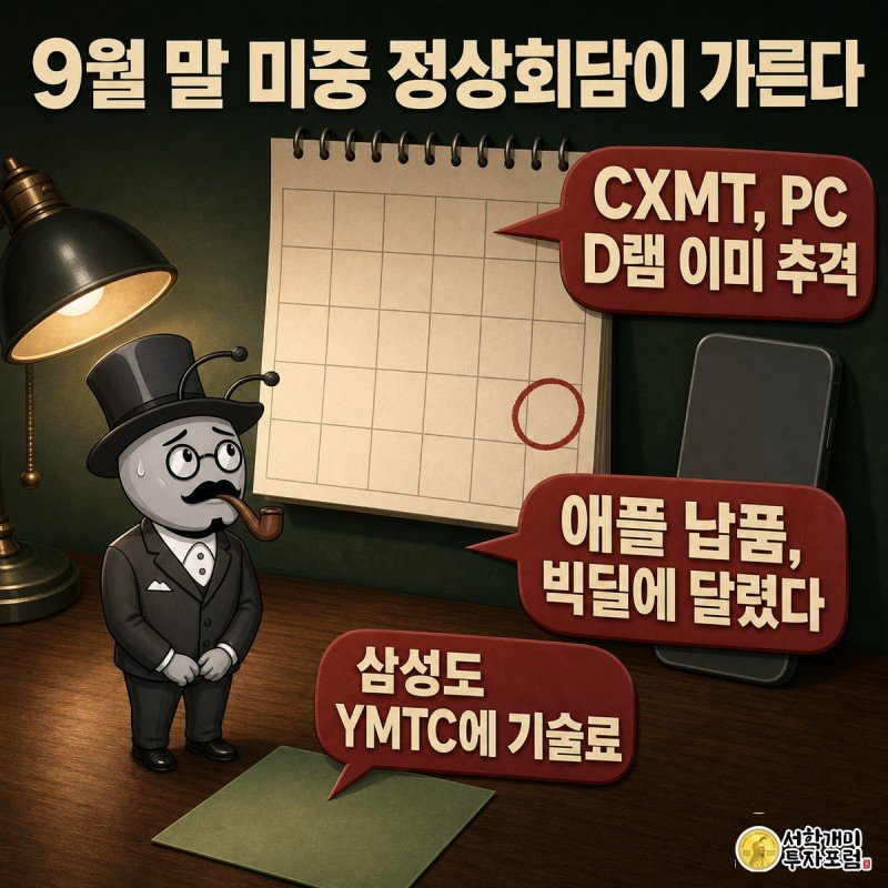 벽걸이 달력의 9월 말 정상회담 날짜에 빨간 동그라미를 보며 초조해하는 개미와 반투명 스마트폰 실루엣