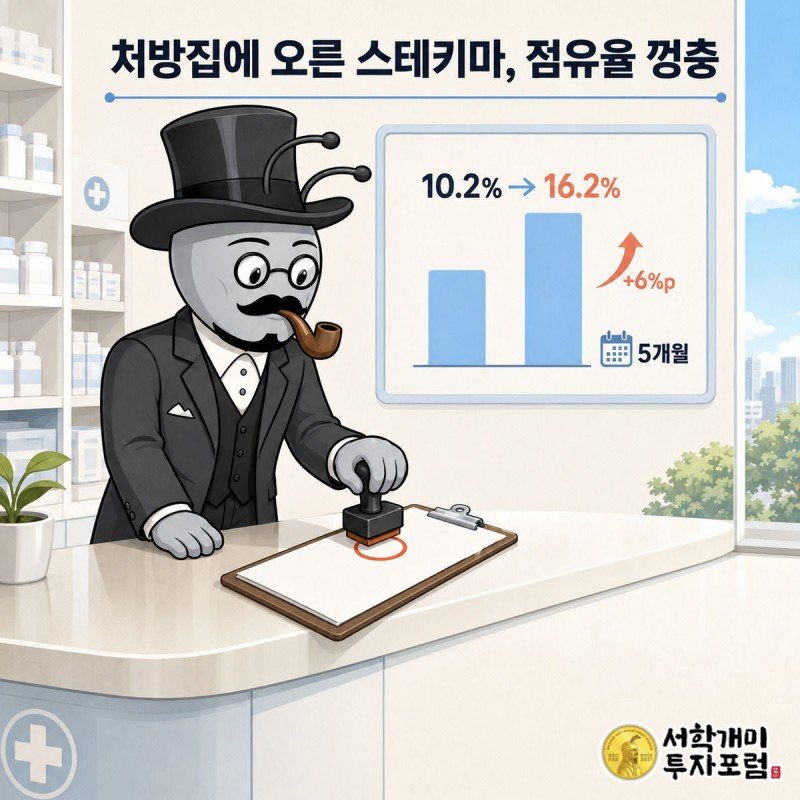 서민개미가 미국 PBM 처방집에 스테키마 선호의약품 도장을 찍고 뒤로 점유율 막대그래프가 10.2%에서 16.2%로 오른 장면