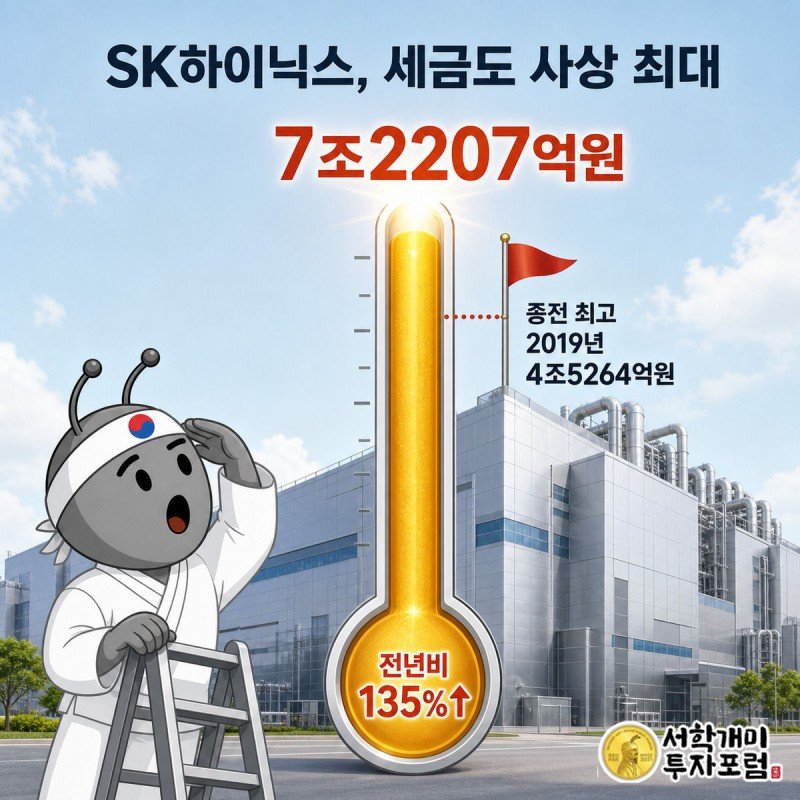 온도계 모양 그래프 기둥이 2019년 최고 기록을 뚫고 치솟아 7조2207억원에 이르는 것을 개미가 올려다보는 그림