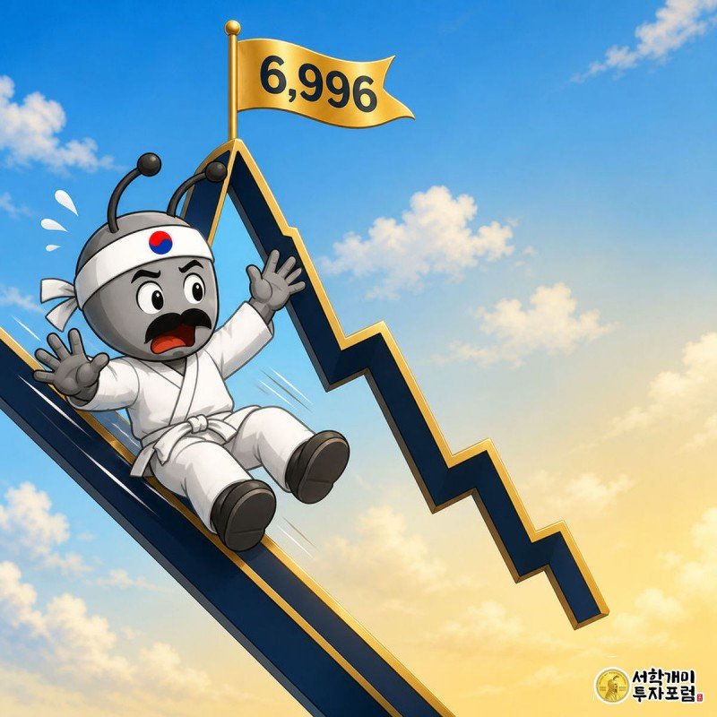 기준금리 3% 인상에 코스피 급등분 반납 — 오전 한나절에 생긴 일 — 지배: 산 모양 주가 곡선 픽토그램 — 가파른 오르막 정상에 깃발 &#034;6,996&#034;, 오른쪽 미끄럼 (숫자 라벨은 본문 크기용, 64px에서는 산 실루엣이 지배)