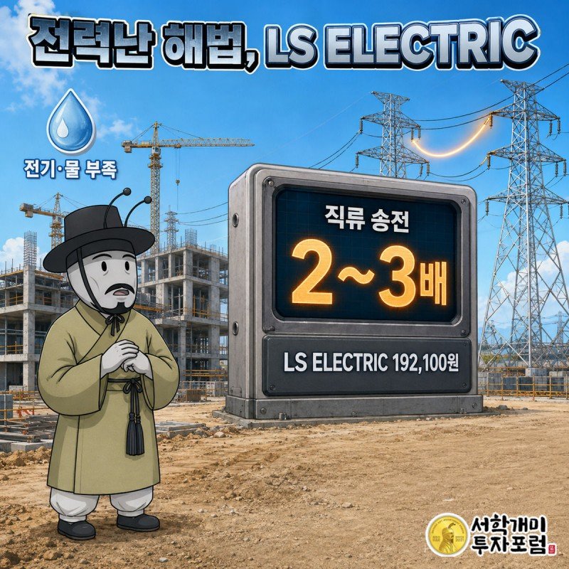 미완성 데이터센터 건설현장에서 부자개미가 전기 계기판과 물 부족 경고를 번갈아 보며 당황하는 모습, 화면에는 직류 송전이 교류보다 2~3배 더 보낼 수 있다는 수치와 LS ELECTRIC 주가가 표시돼 있다
