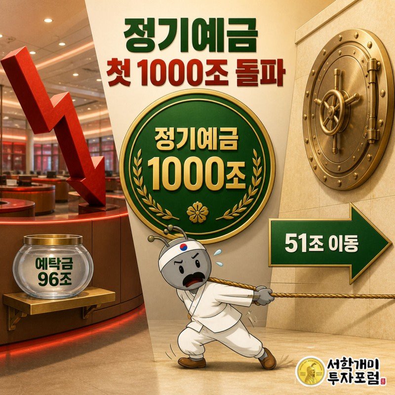 대각선으로 갈라진 화면에서 왼쪽 붉은 증시 전광판과 오른쪽 밝은 은행 금고 사이에 개미 캐릭터가 서서 자금 이동을 바라보는 표지 이미지