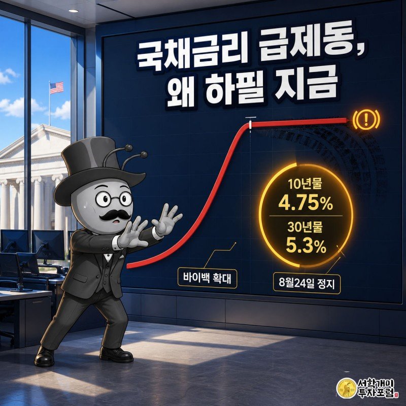 급등하던 채권금리 그래프가 스키드마크와 함께 딱 멈춘 화면 앞에서 개미가 놀라는 모습
