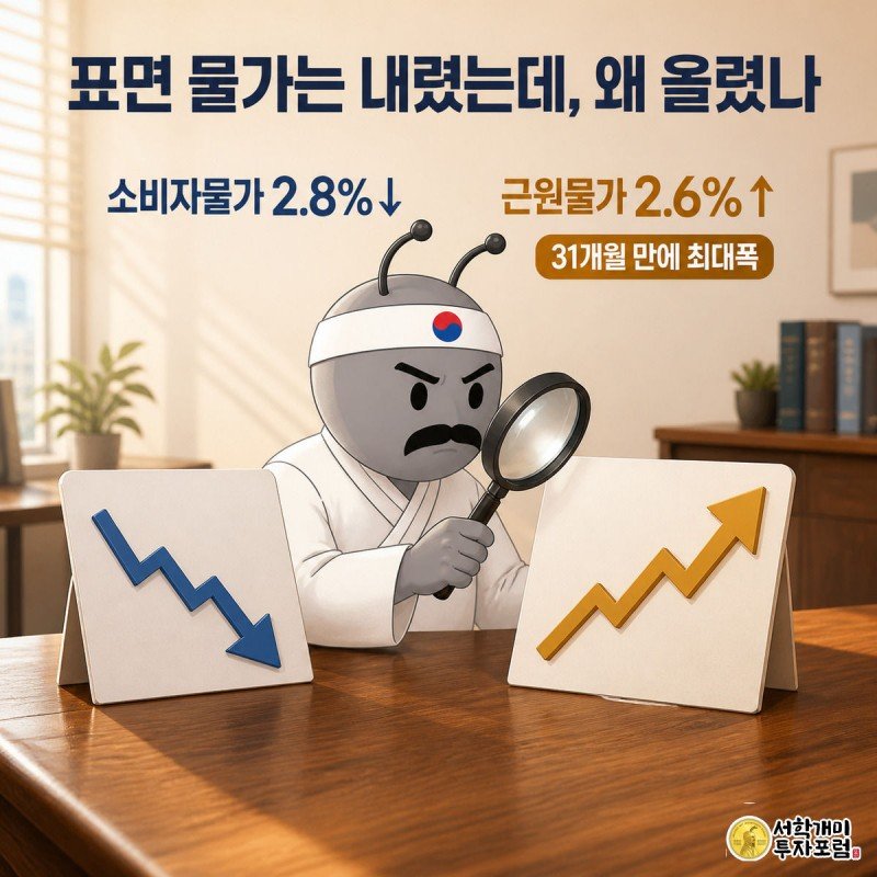 소비자물가는 내려가고 근원물가는 올라가는 두 그래프를 개미가 돋보기로 비교해서 살펴보는 모습