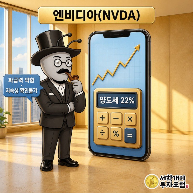 서민개미가 스마트폰 속 엔비디아 시세와 양도소득세 22% 표시를 미심쩍게 들여다보는 모습