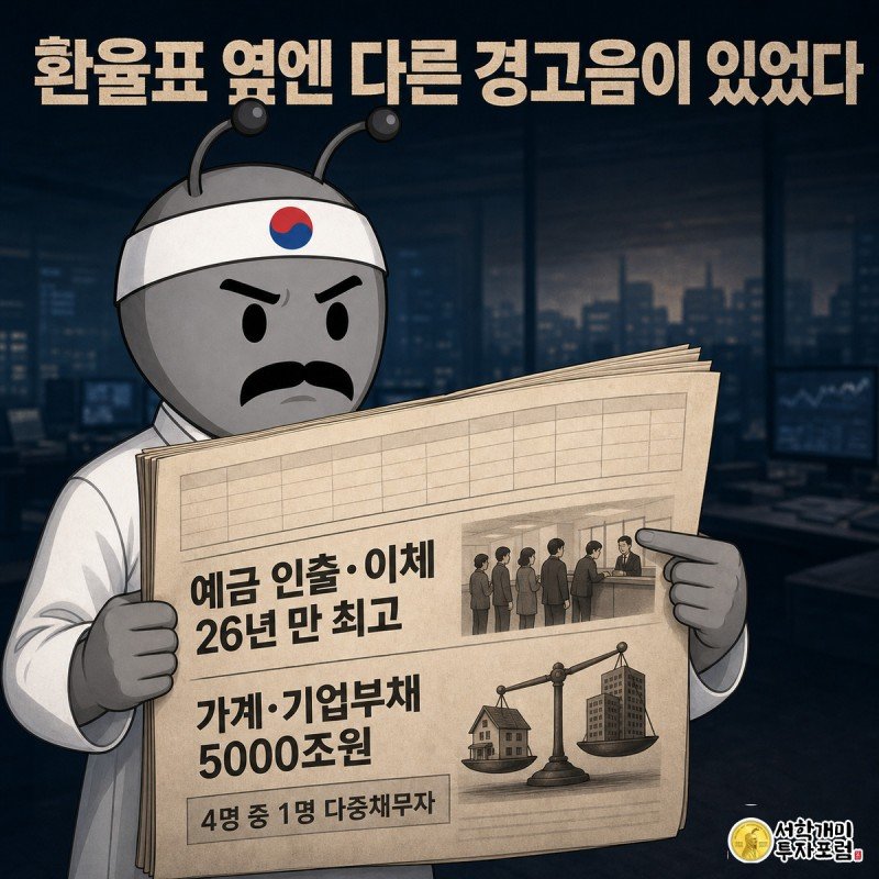 개미가 신문 A12면을 펼쳐 들고 예금 인출 급증과 가계·기업부채 5000조원 기사 제목을 손가락으로 짚어 읽는 모습