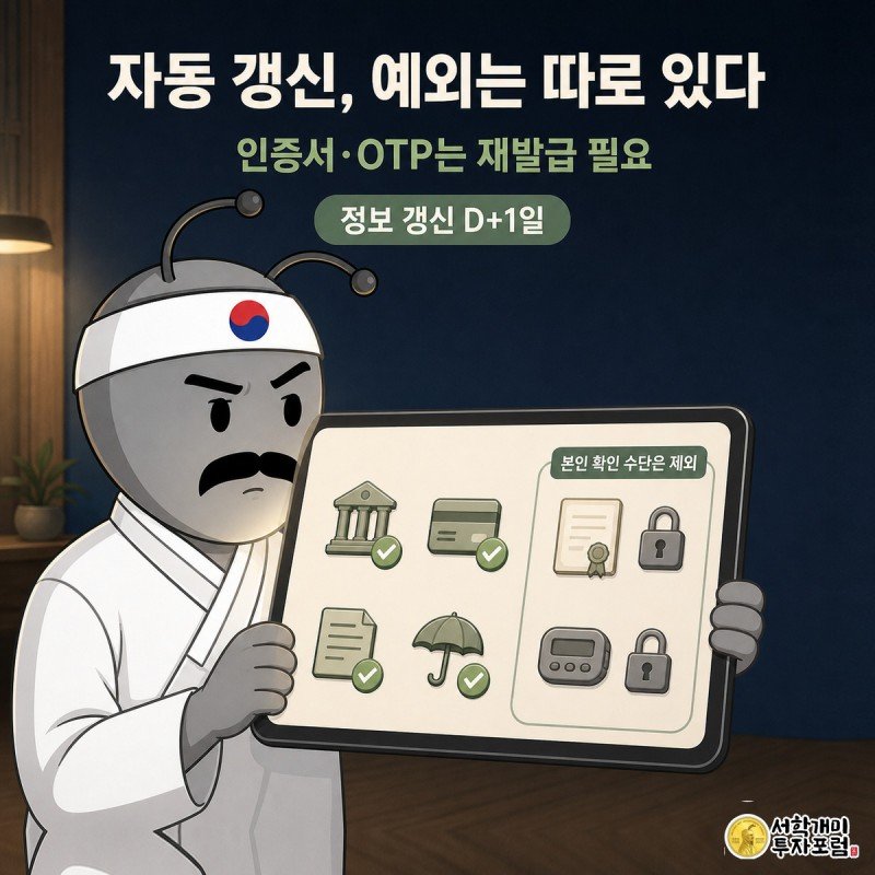 개미가 태블릿 화면에서 여러 금융사 아이콘은 초록 체크로 자동 갱신되지만 인증서와 OTP 아이콘만 자물쇠로 남은 것을 보며 갸웃하는 모습