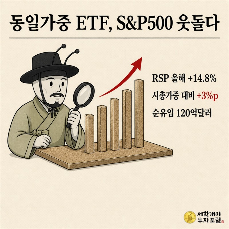 신문 1면 헤드라인 조판 스타일로 RSP의 올해 14.8% 상승과 시총가중 대비 3%포인트 우위, 120억달러 순유입을 보여주고 좌측에 확대경을 든 개미 삽화가 상승 그래프를 들여다보는 그림