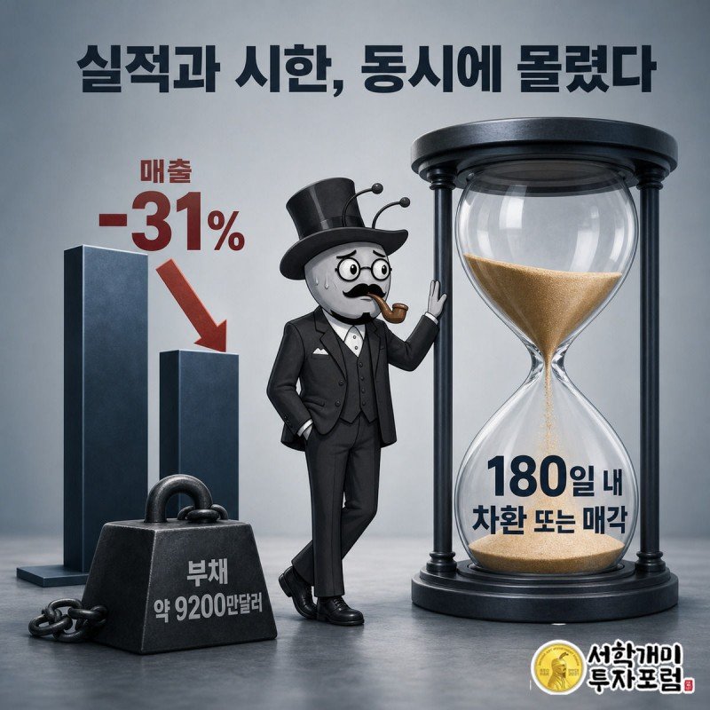 꺾여 내려가는 매출 막대그래프 옆에서 서민개미가 180일 카운트다운 시계를 초조하게 짚는 모습