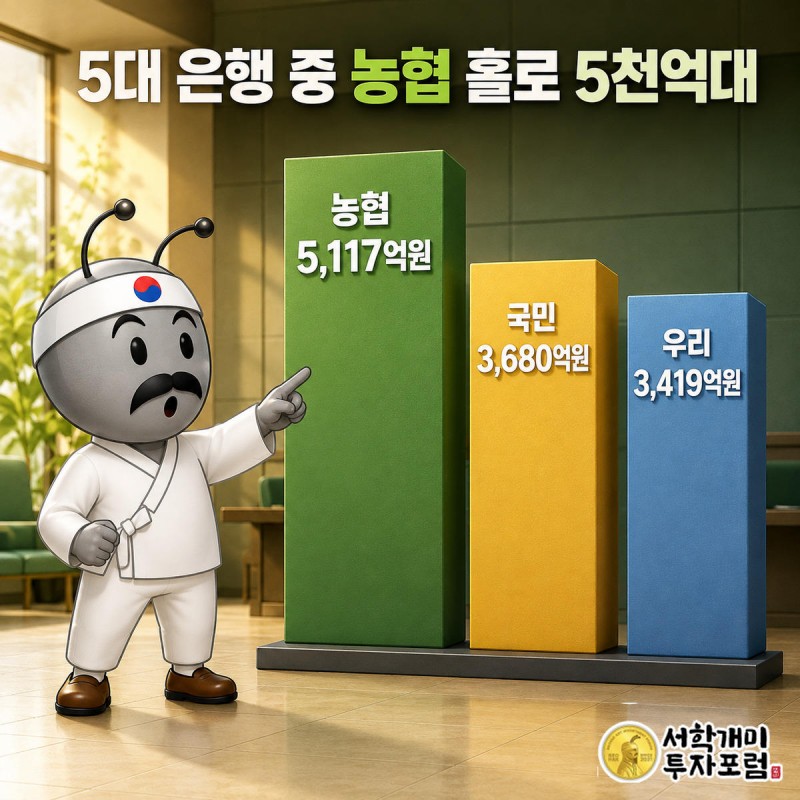 5대 은행 연체잔액 막대그래프에서 유독 높이 솟은 농협은행 막대를 서민개미가 놀란 표정으로 가리키는 모습