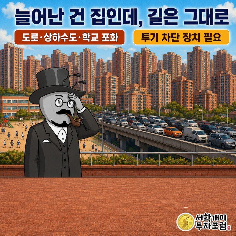 빼곡한 신축 아파트와 정체된 도로, 좁은 학교 운동장을 보며 낭패한 표정을 짓는 개미 그림
