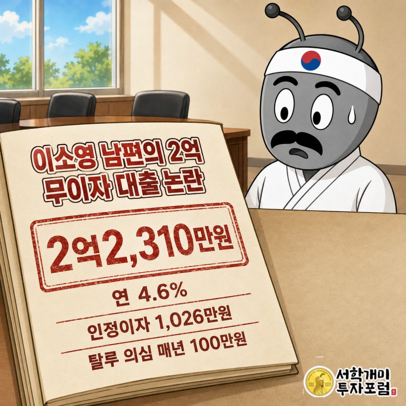 부자개미가 낭패한 표정을 짓는 뒤로 재산변동신고서를 펼쳐 든 손이 보이고, 화면 중앙에 대여 원금 2억2,310만원과 관련 수치 배지가 떠 있다
