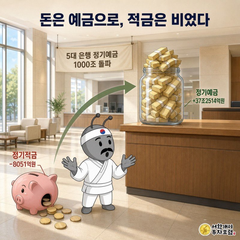 동전이 빠져나가 홀쭉해진 정기적금 저금통과 지폐가 넘치는 정기예금 저금통 사이 화살표를 보며 놀라는 개미, 배경엔 