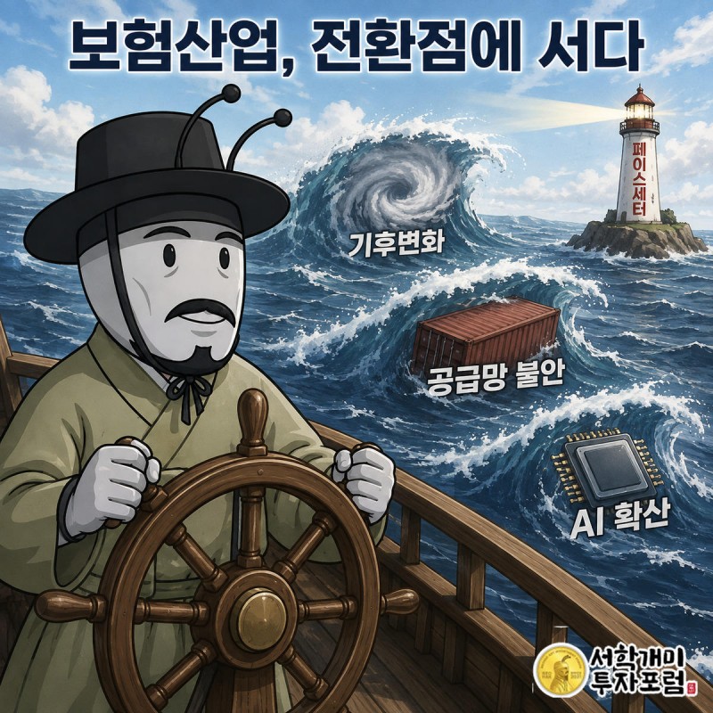 부자개미가 기후변화·공급망·AI 파도가 몰아치는 바다에서 배의 키를 잡고 등대를 향해 나아가는 장면