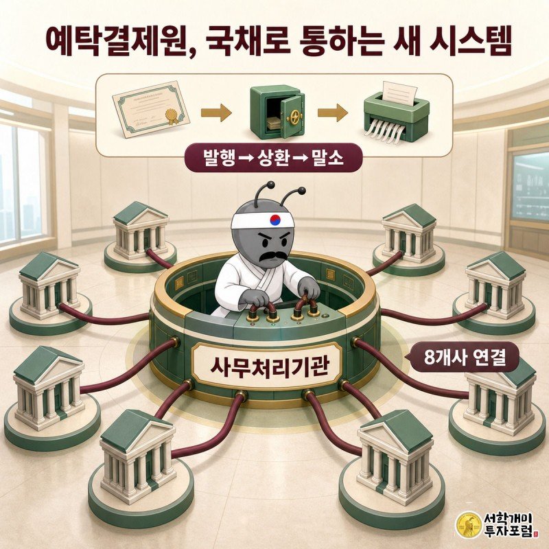 예탁결제원 개미 직원이 관제탑에서 8개 사업자로 이어지는 케이블을 연결하는 그림
