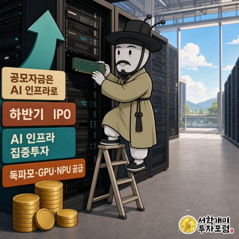 부자개미가 사다리 위에서 서버 랙에 GPU·NPU 보드를 끼워 넣고 그 위로 IPO 자금 화살표가 흘러들어가는 모습