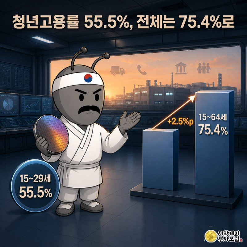 반도체 웨이퍼를 살피는 기술직 개미와 청년고용률 55.5% 팻말을 든 젊은 개미 뒤로 상승 막대그래프가 떠 있는 그림