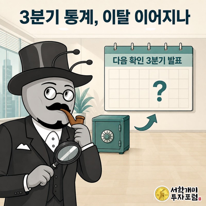 양반개미가 달력의 3분기 칸을 돋보기로 확인하며 안정형 상자를 살피는 그림