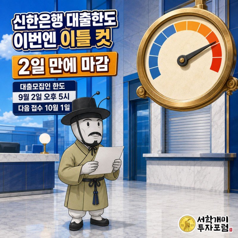 신한은행 은행 창구에서 대출 한도 게이지 바늘이 마감 구간을 가리키자 서민개미가 서류를 든 채 놀라는 모습