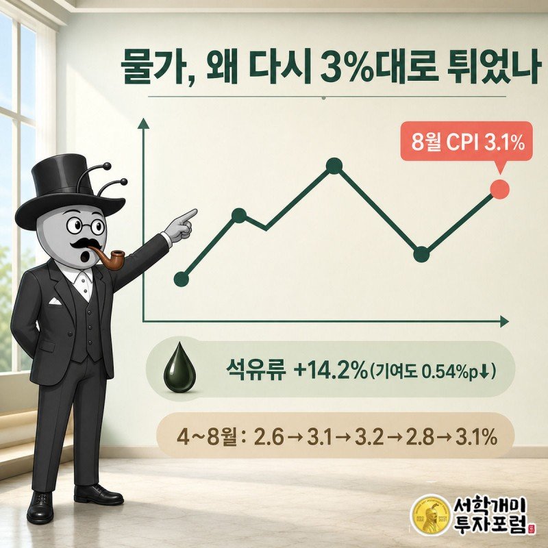 지그재그로 오르내리는 월별 물가 상승률 그래프의 8월 지점을 손가락으로 짚으며 놀라는 서민개미