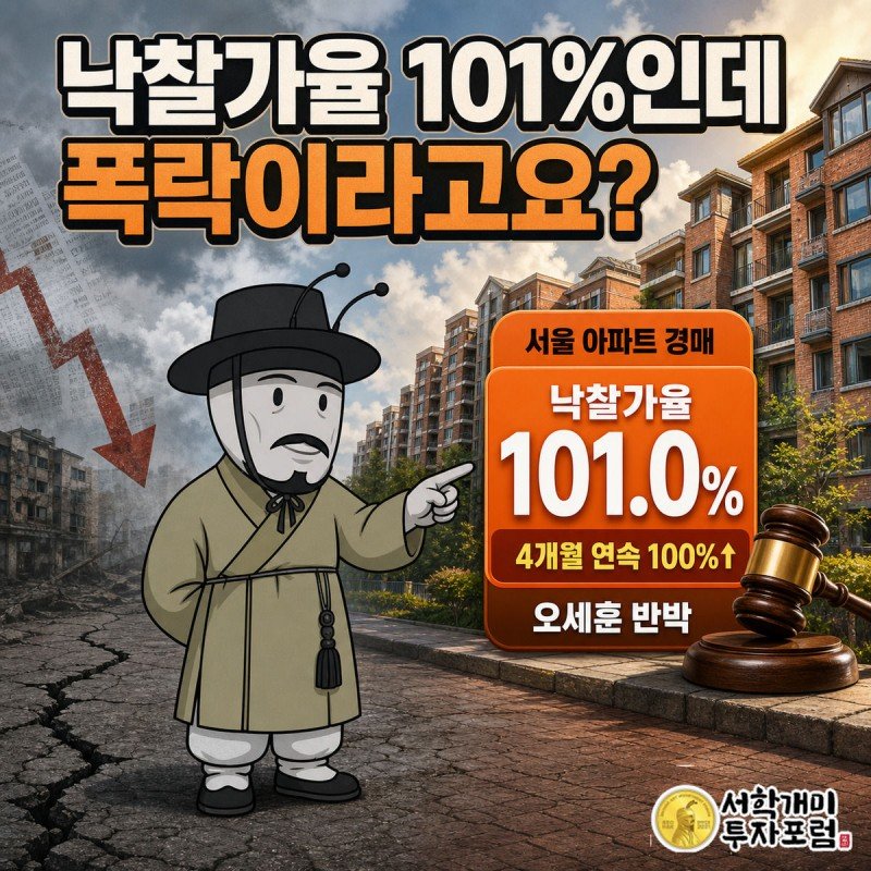 흐린 하늘 아래 폭락 그래프와 맑은 하늘 아래 낙찰가율 101% 배지 사이에 선 개미가 의심스러운 표정으로 오른쪽을 가리키는 장면