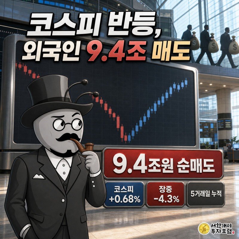 대형 전광판 앞에서 코스피 반등에도 뒤돌아 외국인 자금 이탈을 의심스럽게 바라보는 개미