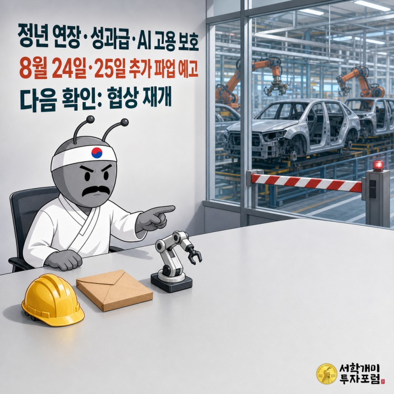 정년 연장과 AI 고용 보호, 추가 파업 예고를 정리한 절제된 설명용 뉴스 일러스트.