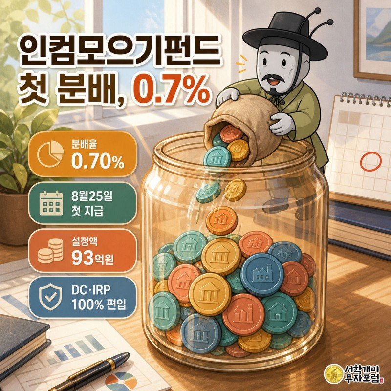 테라코타빛 코인항아리 위에서 개미가 여러 색 코인을 쏟아부으며 분배율 0.70% 배지를 보고 놀라는 인컴모으기펀드 첫 분배금 커버 이미지