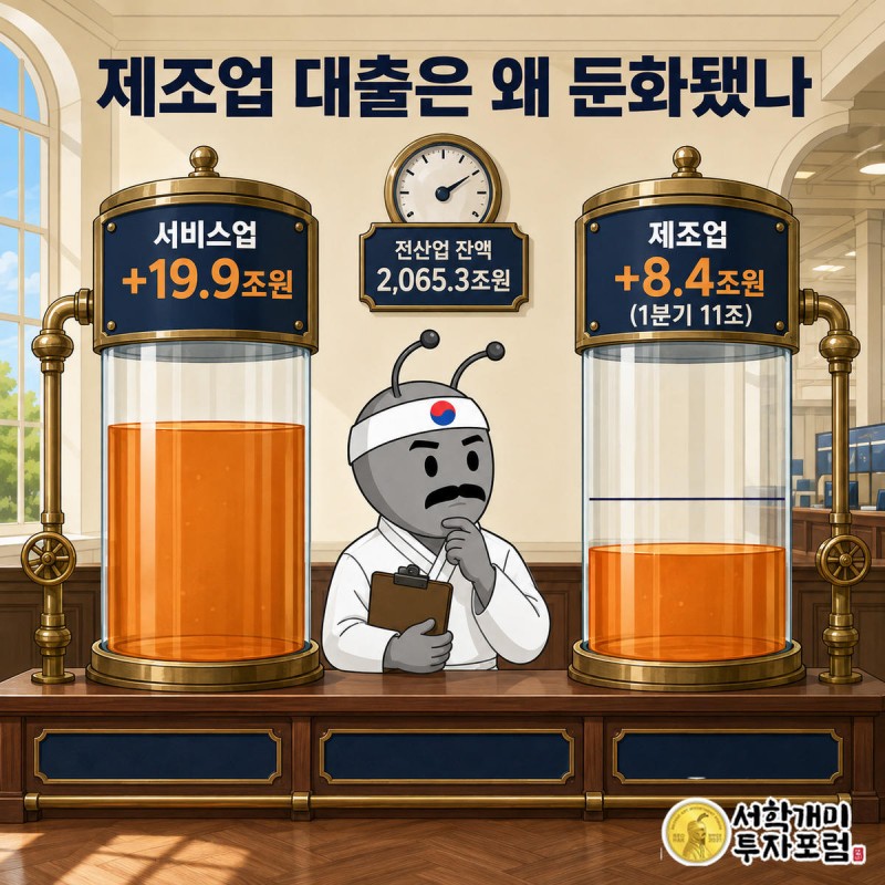 양반개미가 서비스업 탱크는 차오르고 제조업 탱크는 지난 분기보다 덜 채워진 두 저장 탱크를 비교하는 모습
