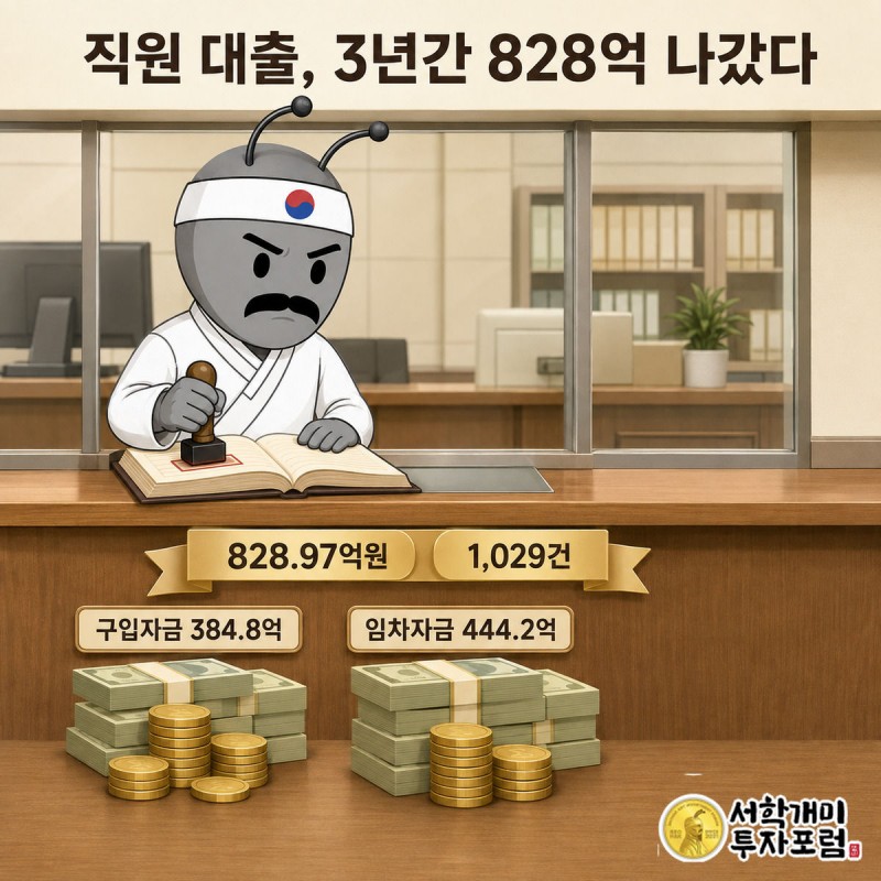양반개미가 도장을 찍는 대출창구 앞에 구입자금과 임차자금 두 더미의 돈이 쌓여 있다