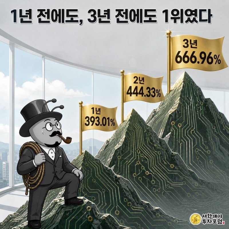 반도체 회로 질감의 계단식 산을 오르는 개미가 연초·1년·2년·3년 수익률 깃발을 지나 정상의 666% 깃발을 올려다보는 모습
