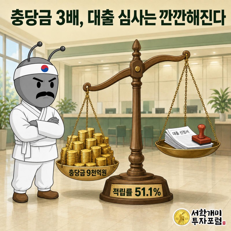 저울 왼쪽에 쌓인 대손충당금 동전더미와 오른쪽 얇아지는 대출 승인 서류를 부자개미가 의심스러운 표정으로 바라보는 모습