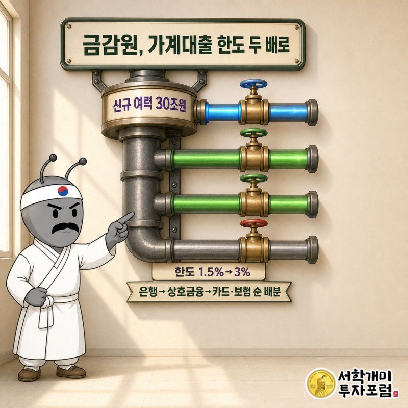 30조원 팻말 아래 파이프가 은행권·상호금융권·저축은행권·카드보험권으로 갈라지는 배분도를 서민개미가 짚어 설명하는 그림