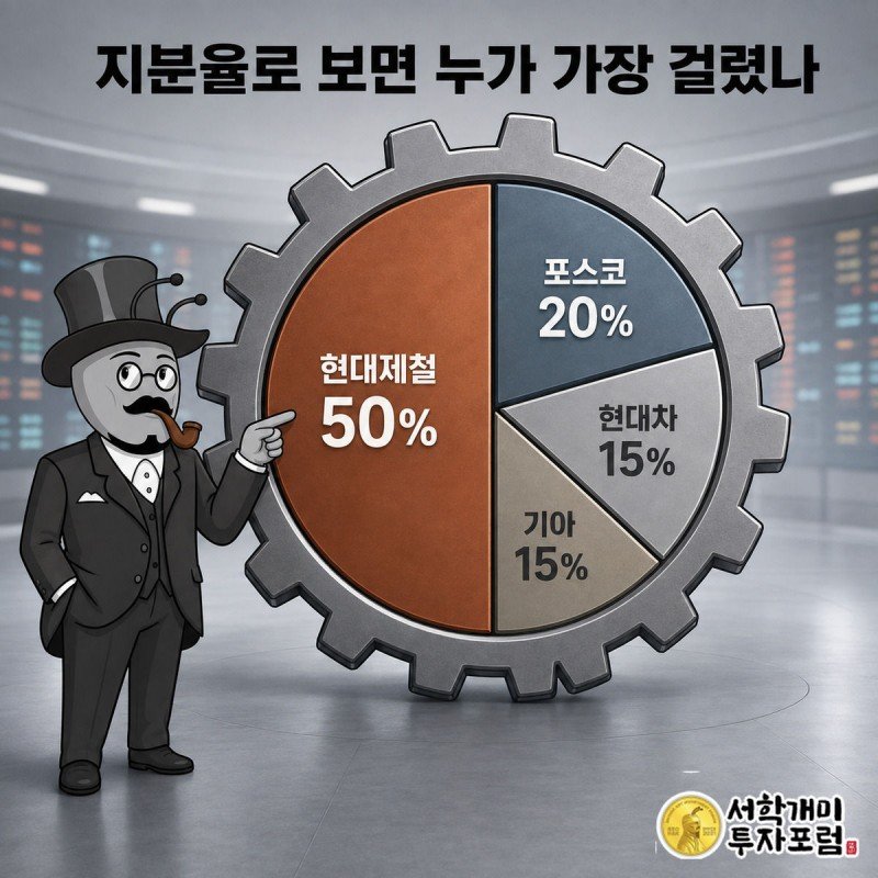 톱니바퀴 모양 파이차트로 나뉜 네 회사의 지분율을 서민개미가 의심스러운 표정으로 가리키는 장면.