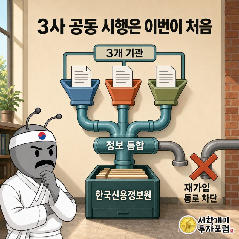 세 보증기관의 미반환 임대인 정보가 한국신용정보원 한 곳으로 모이는 구조와 예전 재가입 통로가 막힌 모습을 보여주는 그림