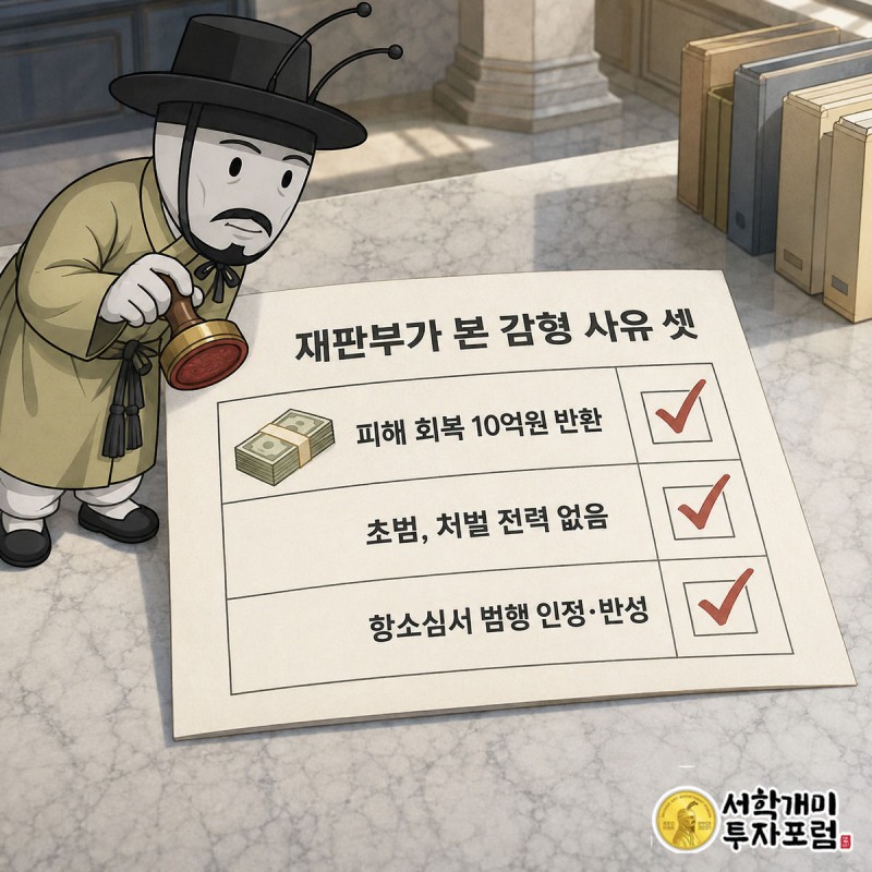 양반개미가 의심스러운 표정으로 감형 사유 세 항목에 도장 찍힌 체크리스트를 살펴보는 그림