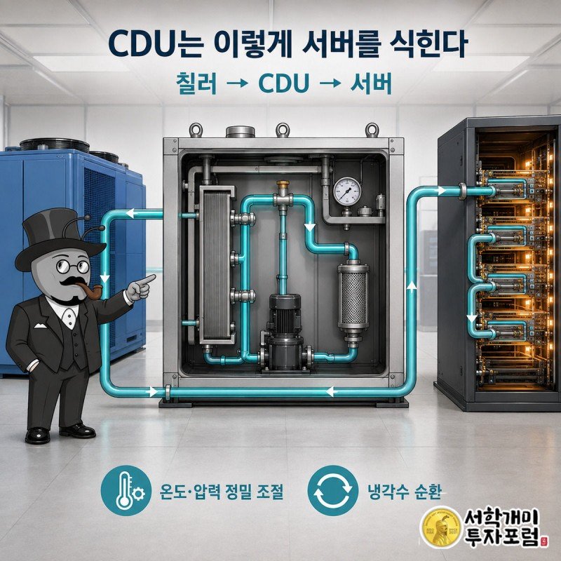 칠러와 서버 사이에서 냉각수가 순환하는 CDU 장치 내부 구조를 절개도로 보여주고 부자개미가 순환 경로를 손끝으로 짚는 인포그래픽