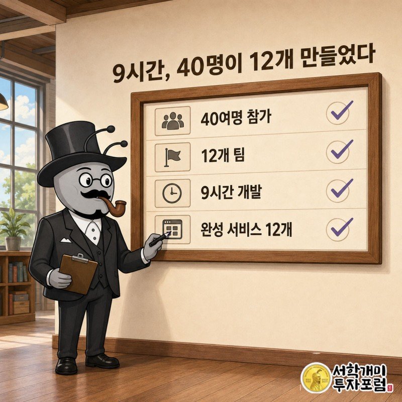 서민개미가 클립보드를 들고 스코어보드 패널에 적힌 40여명, 12개 팀, 9시간, 완성 서비스 12개 항목을 확인하며 체크하는 장면.