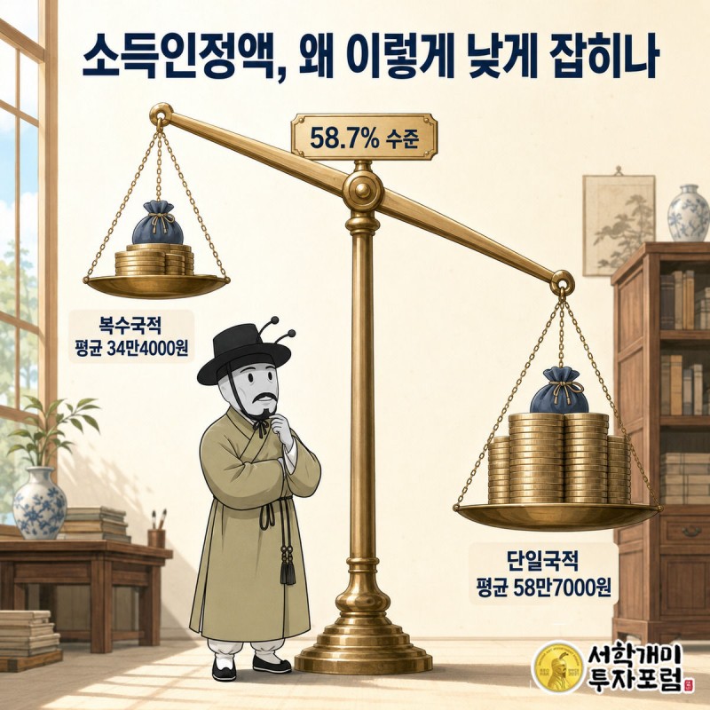 저울에 놓인 작은 복수국적 돈다발과 큰 단일국적 돈다발을 비교하며 부자개미가 미소짓는 모습
