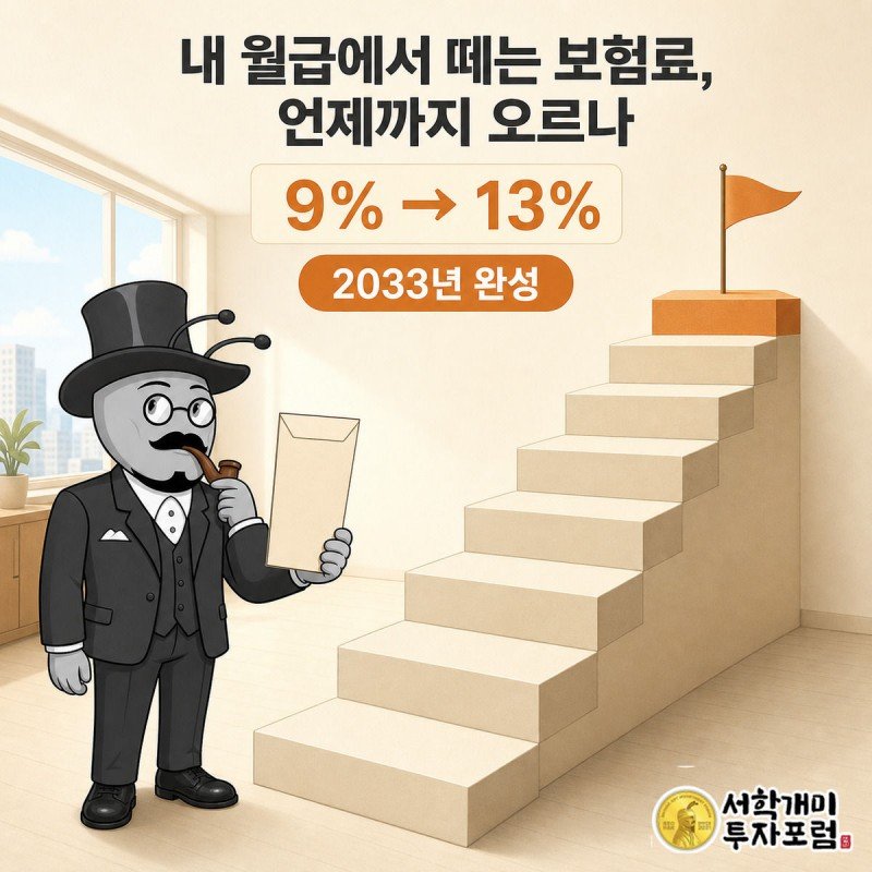 국민연금 보험료율이 9%에서 13%까지 계단식으로 오르는 모습을 개미가 올려다보는 인포그래픽