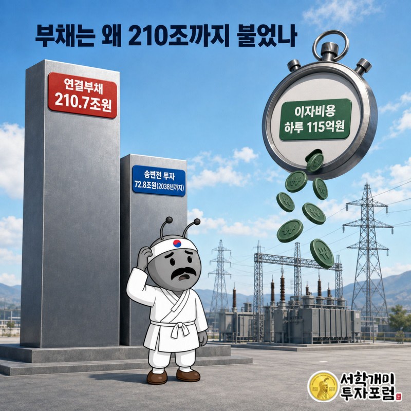부채 막대그래프 탑 아래서 개미가 이자비용 초시계를 올려다보며 낭패한 표정을 짓는 장면