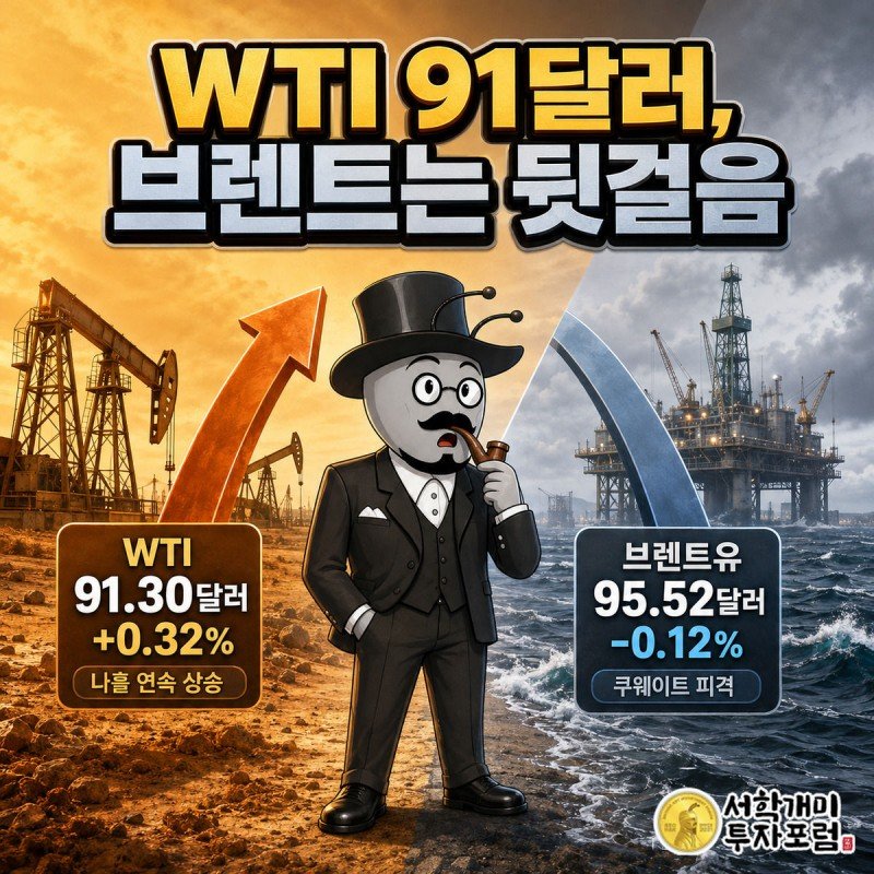 사막의 유전과 북해의 시추 플랫폼을 대각선으로 가른 화면에서 개미가 오르는 WTI와 내리는 브렌트유 화살표 사이에 서서 당황한 표정을 짓는 그림