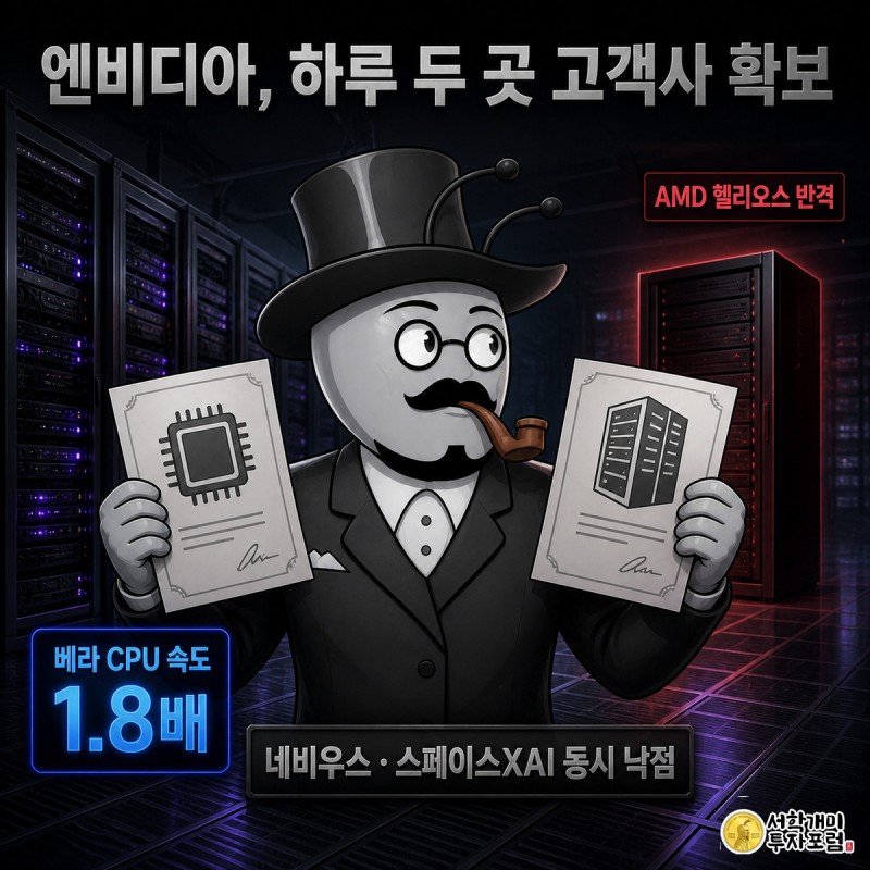 개미가 네비우스와 스페이스XAI 계약서 카드를 양손에 들어 올리는 동안 뒤편 그림자 속에서 AMD 경쟁 랙이 붉게 빛나는 장면